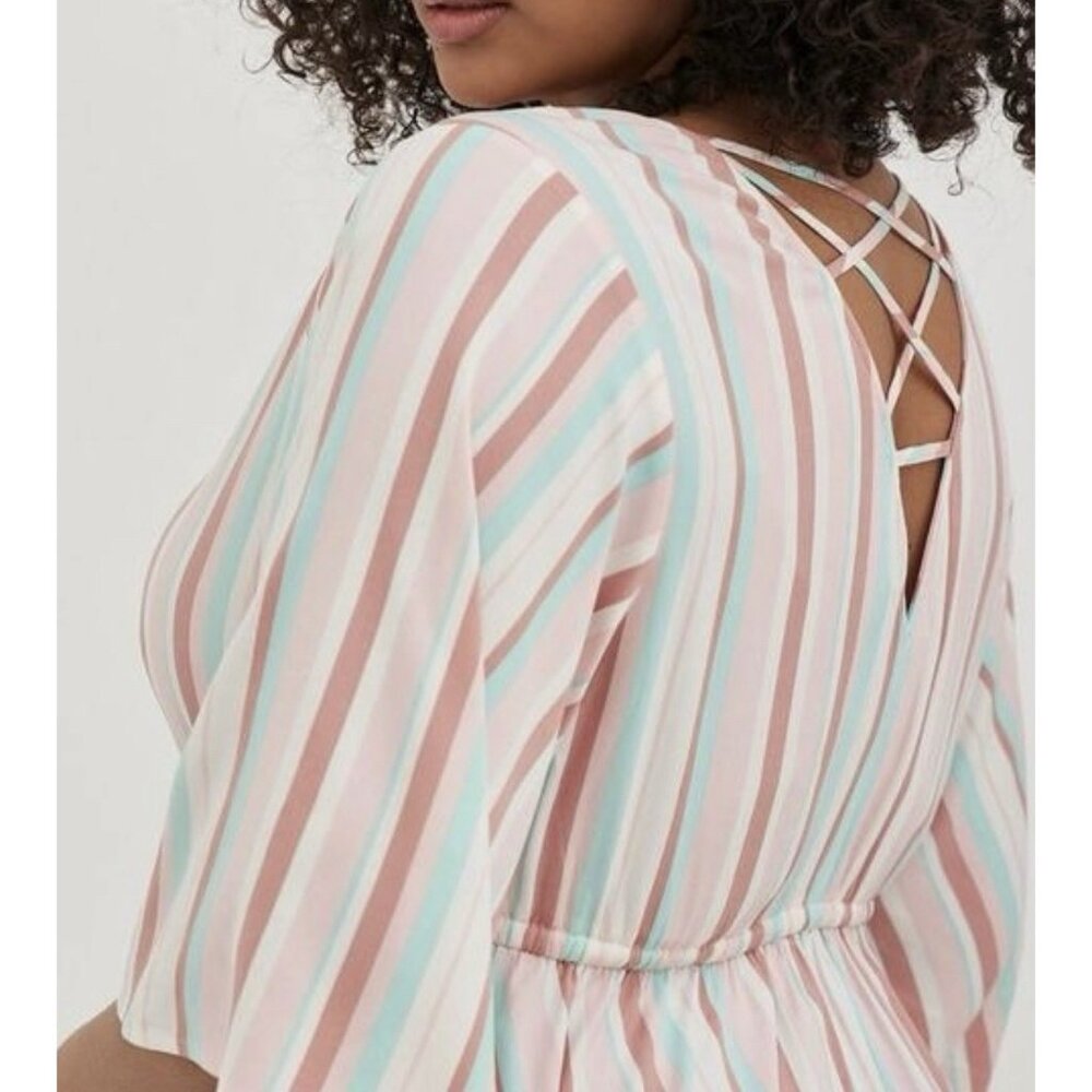 Torrid 2 BABYDOLL Top Challis Stripe Pink Plus Size 2X V Neck Sharkbite Hem - Picture 3 of 12